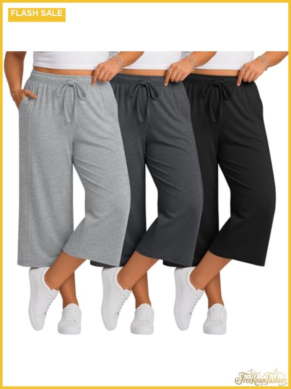 Plus Size Wide Leg Capri Pants 3 Pack High Waist Yoga
